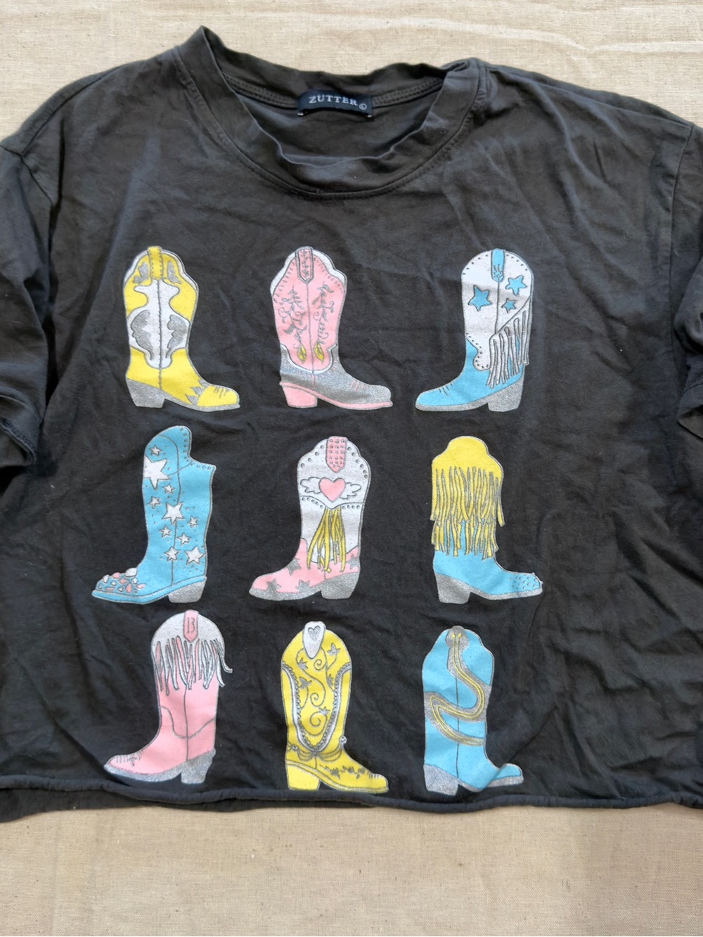 Zutter Black Crop Tee with Colorful Cowboy Boot Graphic